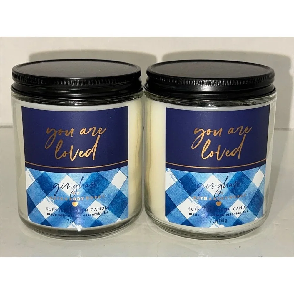 Bath & Body Works Gingham 7oz Scented Mason Jar Candle Set You Are Loved 2-Pack
